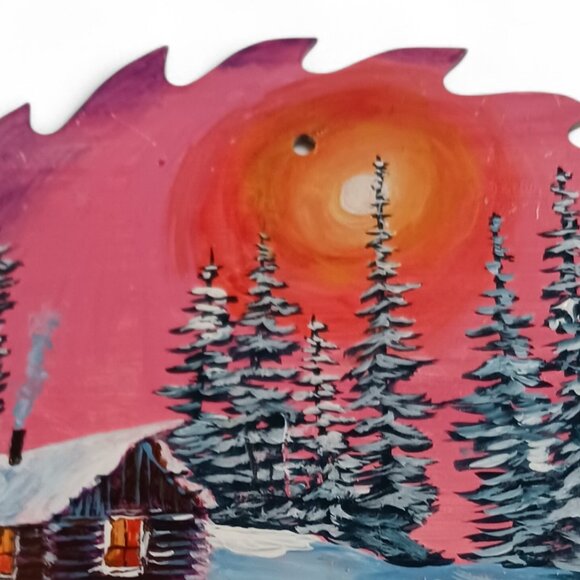 Hand-Painted Rustic Cabin Saw Blade by Ann Simmons – Winter Landscape Art - Picture 9 of 11